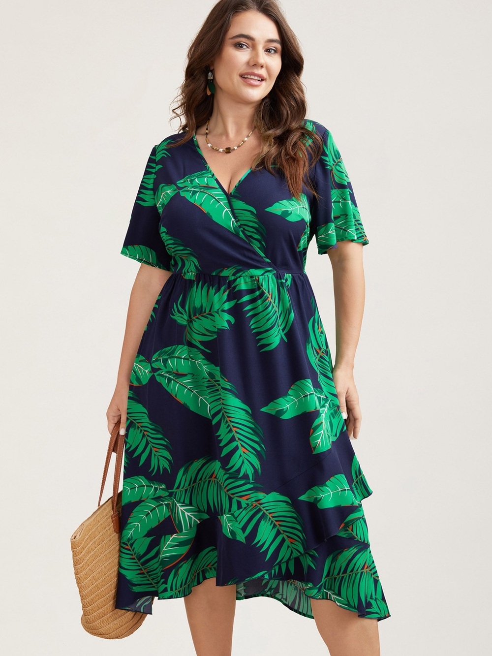 BloomChic Navy with Green Leaf Print Surplice Neck Midi Dress 26